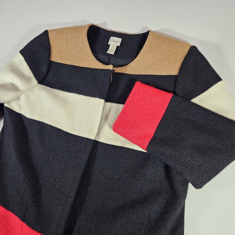 Chicos Coat 100% Wool Striped Colorblock Womens Size 2 Full Zip Pea Coat‎